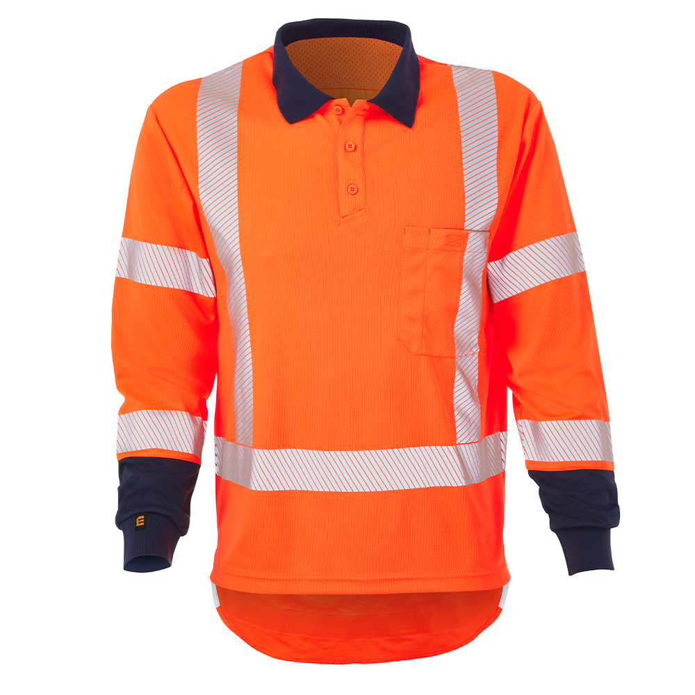 ELEVEN TTMC HiVis Taped Long Sleeve Polo - Hi Vis Orange/Navy